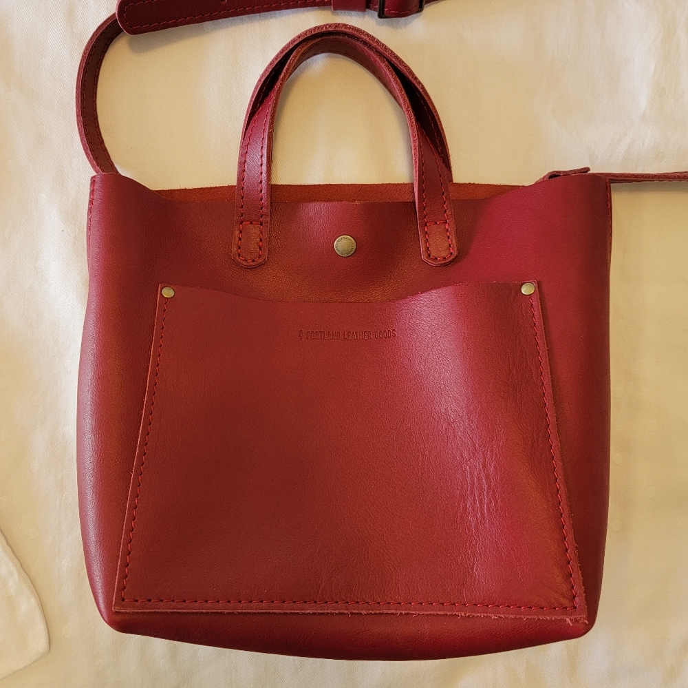 Portland Leather Mini crossbody tote. Beautiful red retired color